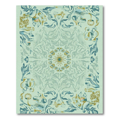 Muted Teal Golden Floral Scroll Rug