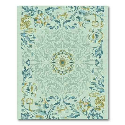 Muted Teal Golden Floral Scroll Rug