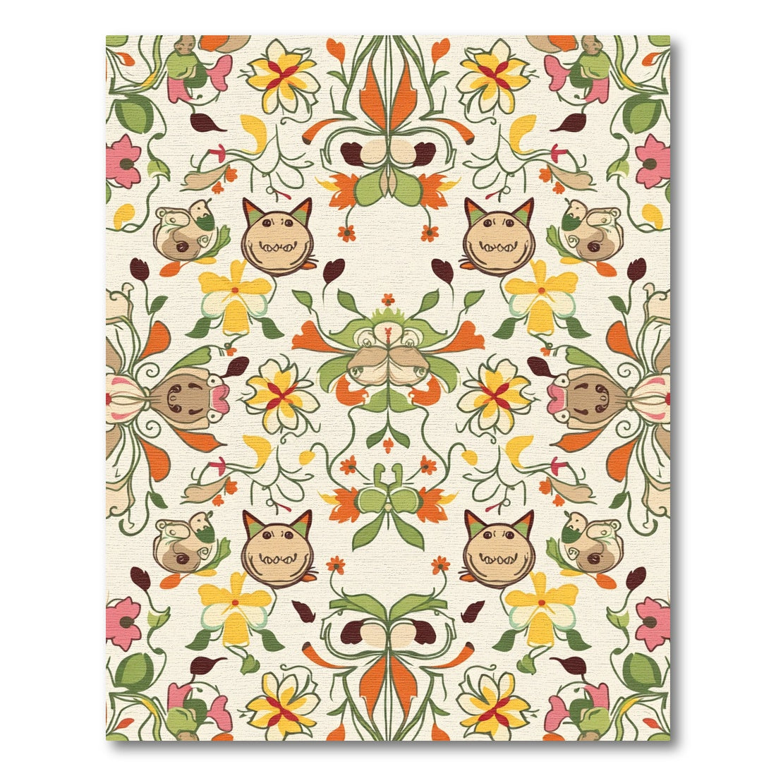 Whimsical Floral Cat Folk Art Rug