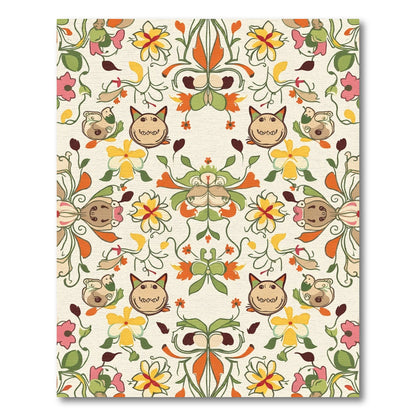 Whimsical Floral Cat Folk Art Rug