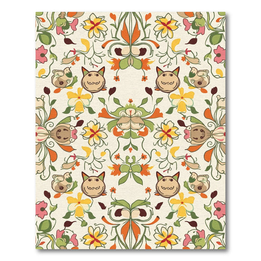 Whimsical Floral Cat Folk Art Rug