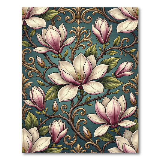 Elegant Magnolia Bloom Teal Scroll Rug