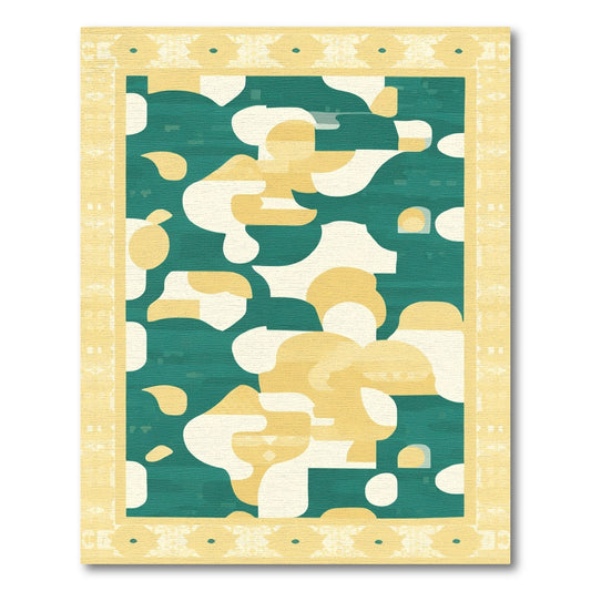 Teal Abstract Organic Shapes Golden Border Rug