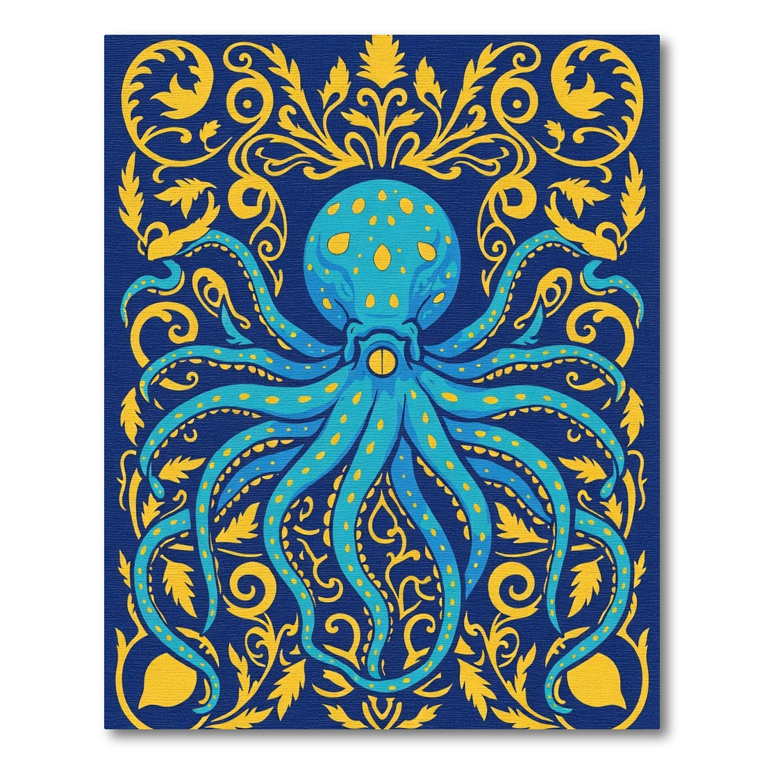 Navy Blue Yellow Octopus Floral Art Rug