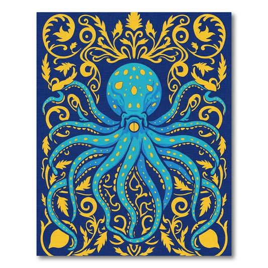 Navy Blue Yellow Octopus Floral Art Rug