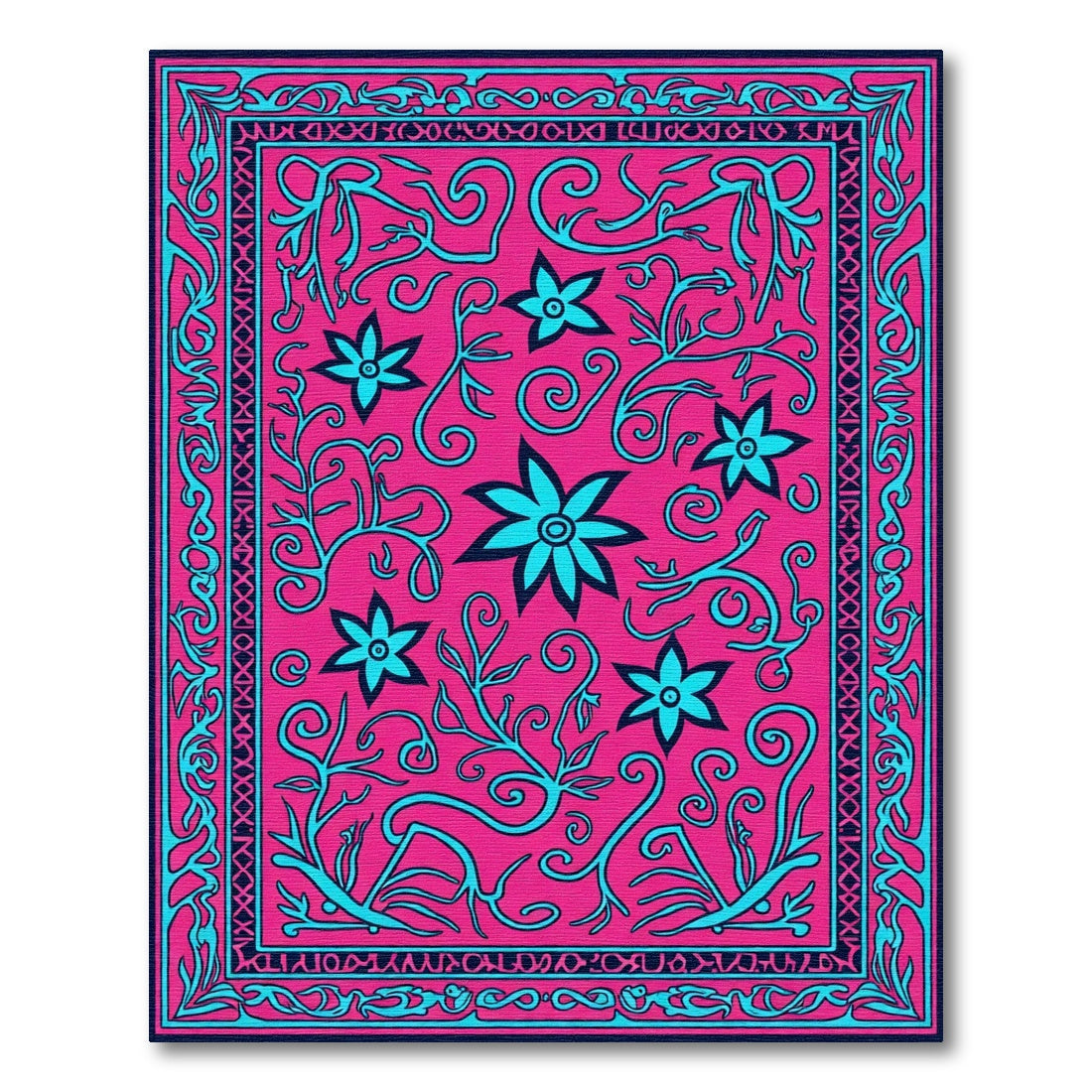Hot Pink Turquoise Floral Vine Medallion Rug