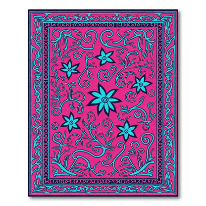 Hot Pink Turquoise Floral Vine Medallion Rug