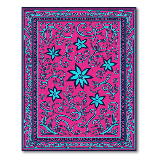 Hot Pink Turquoise Floral Vine Medallion Rug