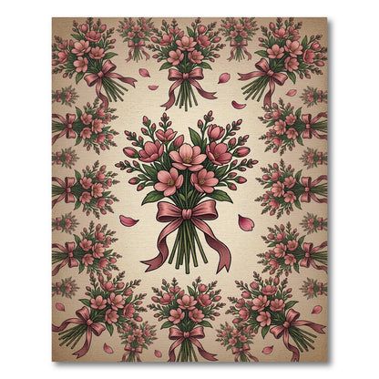 Pink Floral Bouquet Border with Ribbons Rug