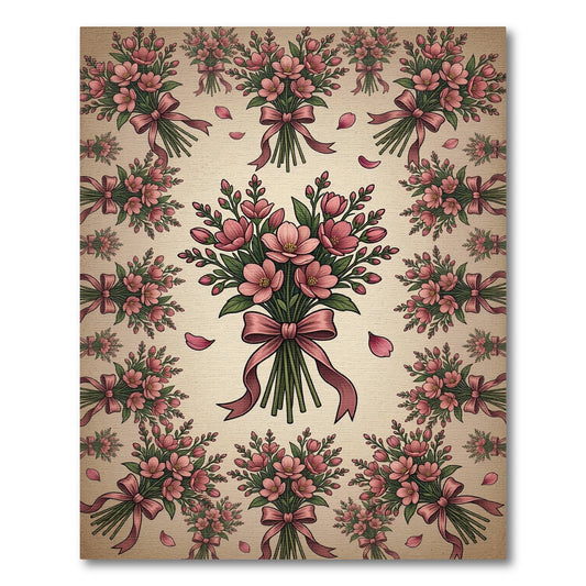 Pink Floral Bouquet Border with Ribbons Rug