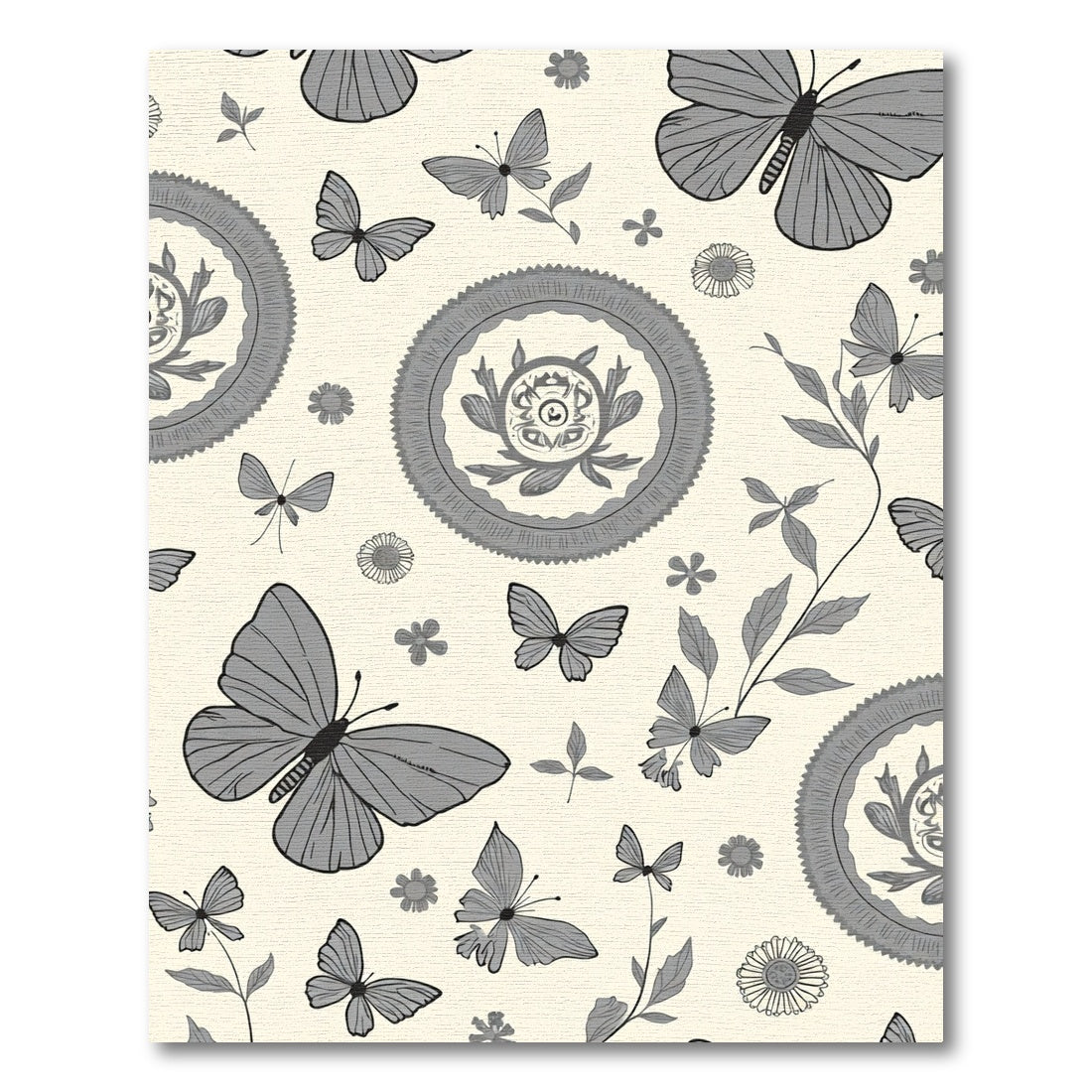 Gray Butterflies Floral Circular Medallion Rug