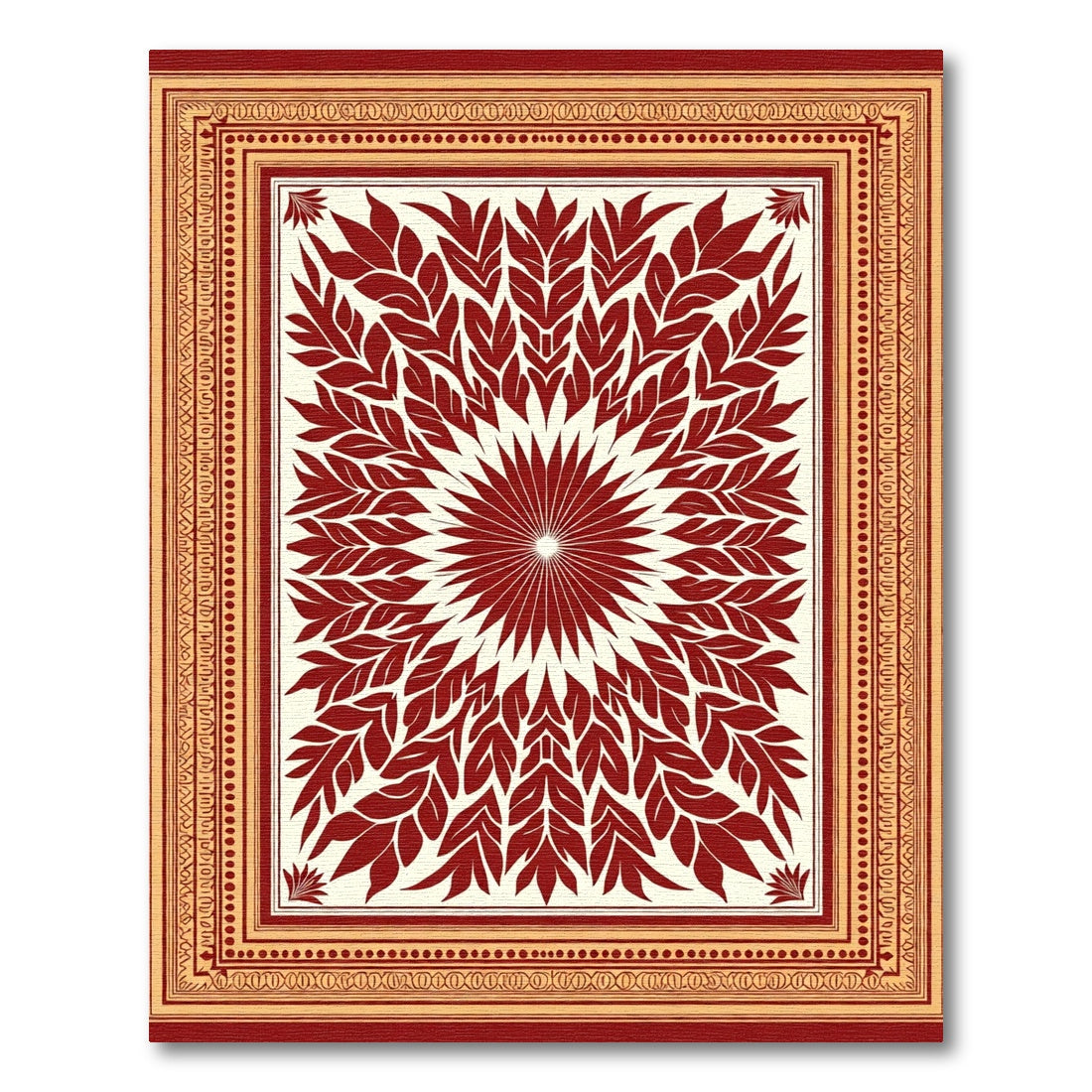 Crimson Leaf Mandala Golden Border Rug