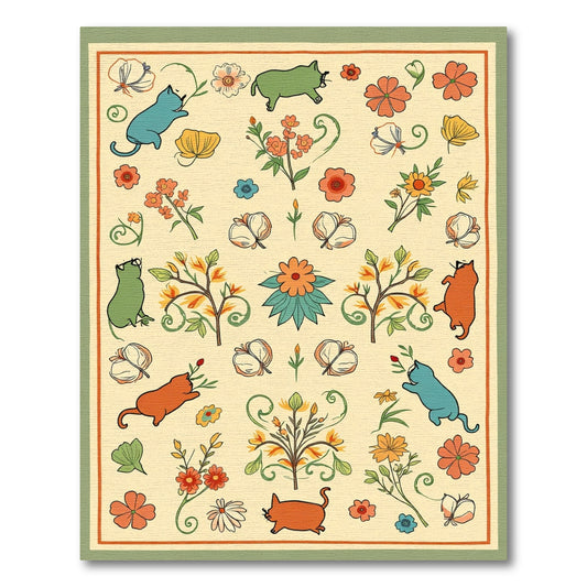 Playful Cats and Floral Arrangement Rug