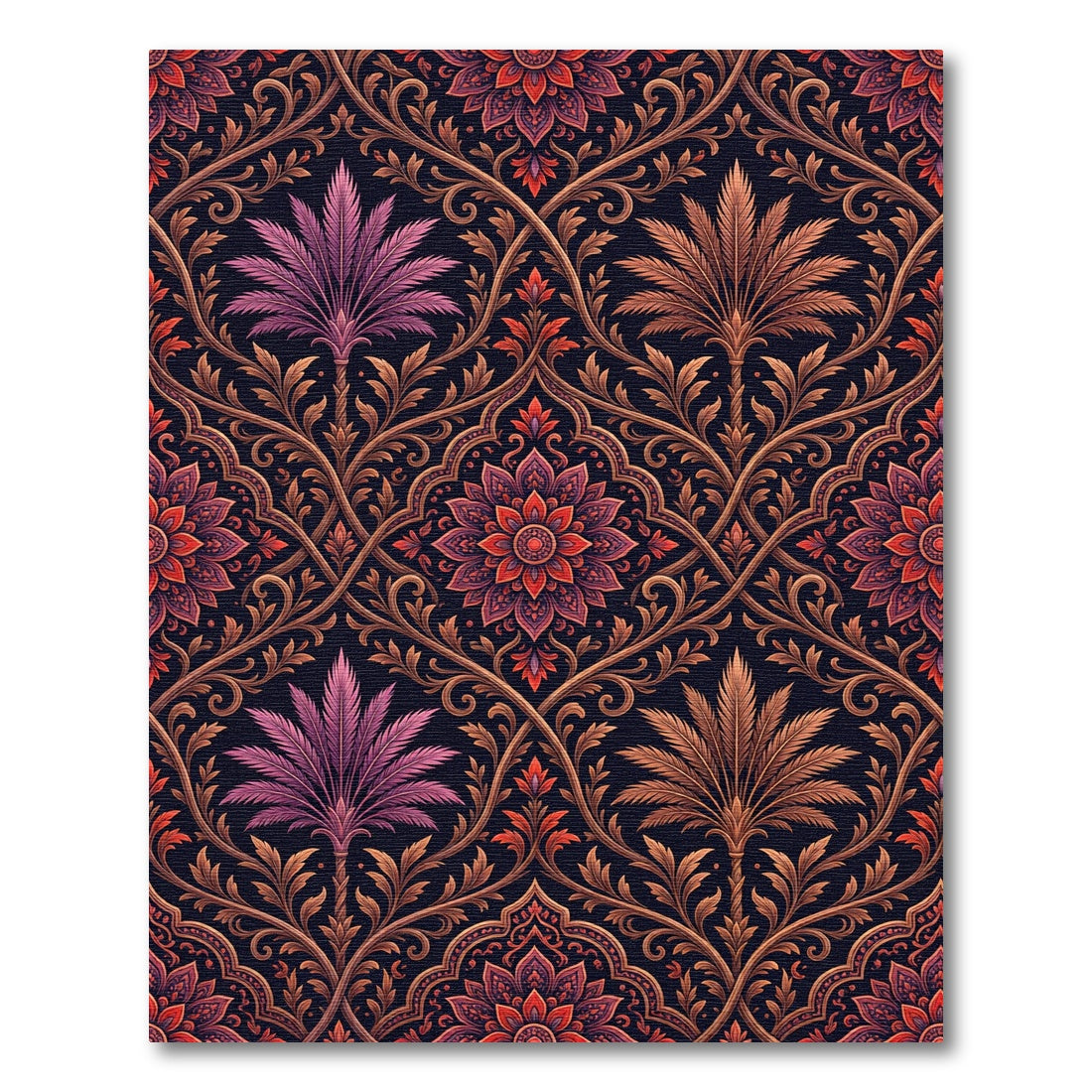 Ornate Crimson Palm Medallion Damask Rug