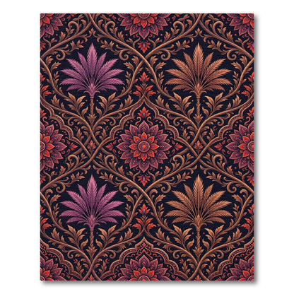 Ornate Crimson Palm Medallion Damask Rug