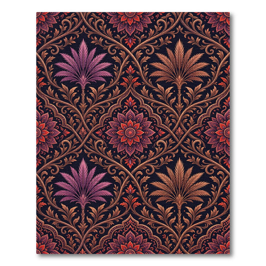 Ornate Crimson Palm Medallion Damask Rug