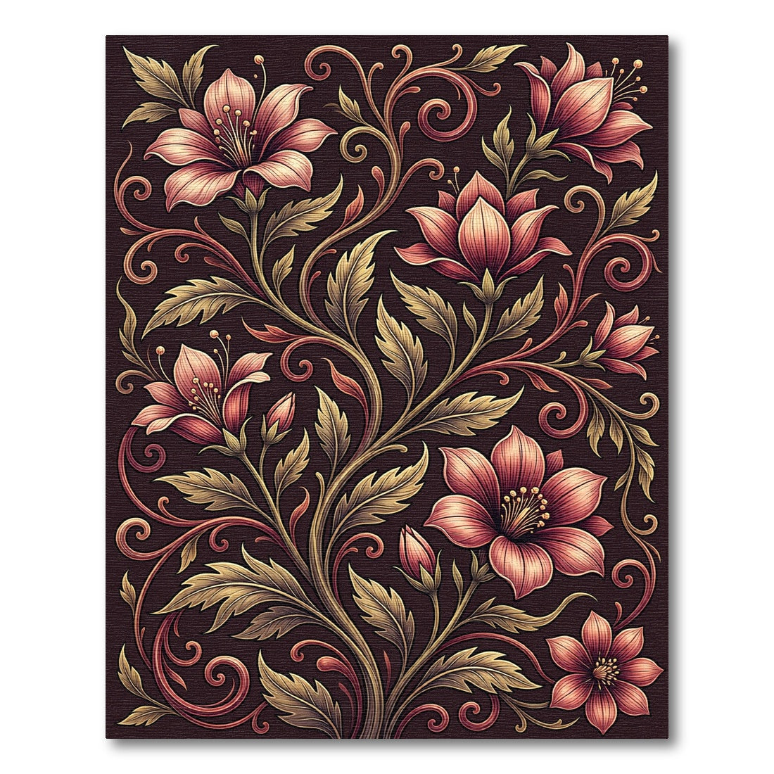 Elegant Crimson Floral Scroll Art Rug