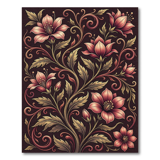 Elegant Crimson Floral Scroll Art Rug