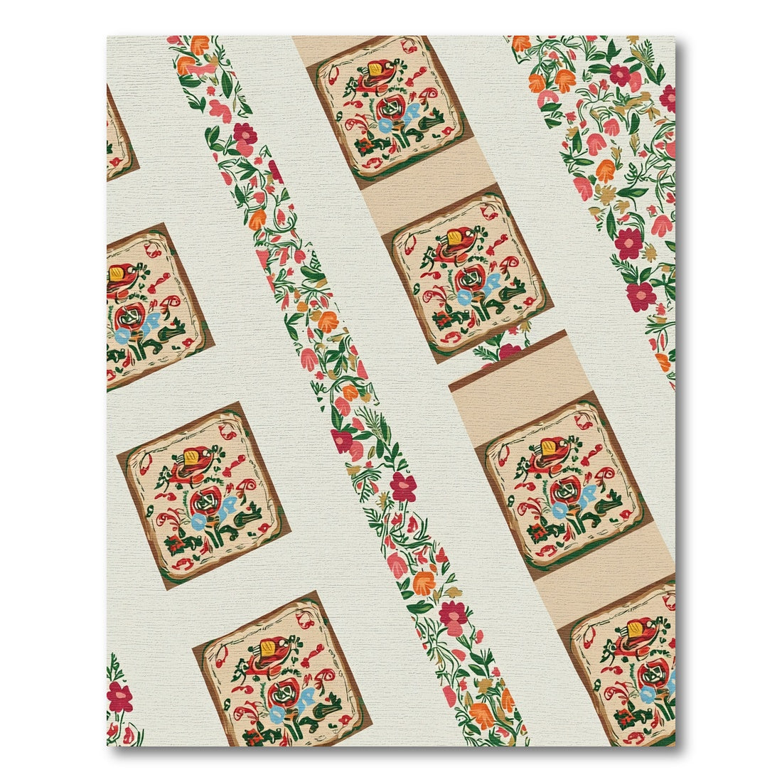 Red Floral Square Folk Art Rug