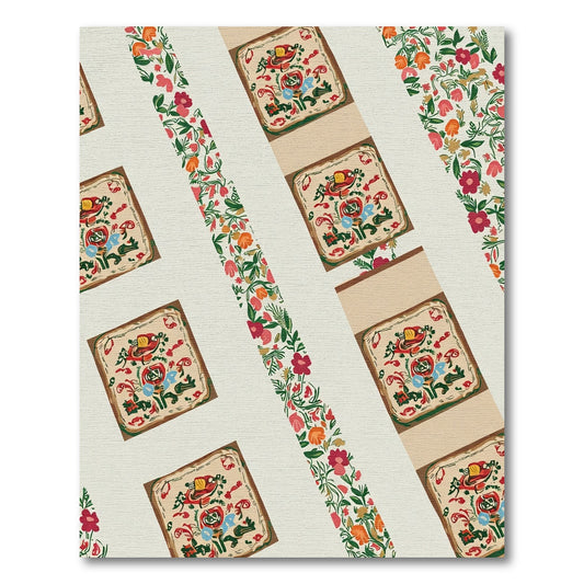 Red Floral Square Folk Art Rug