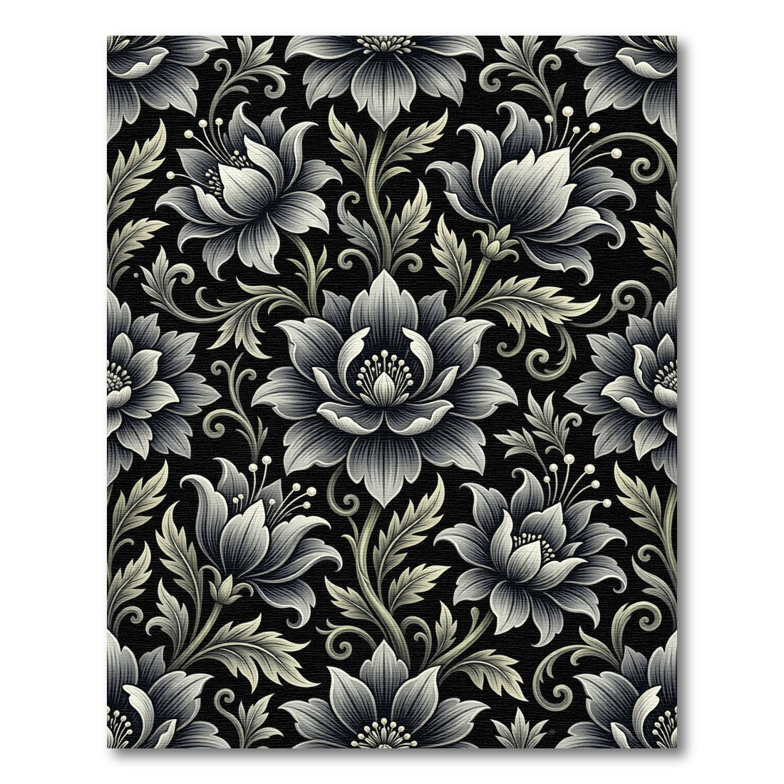Elaborate Floral Scrollwork Monochrome Rug