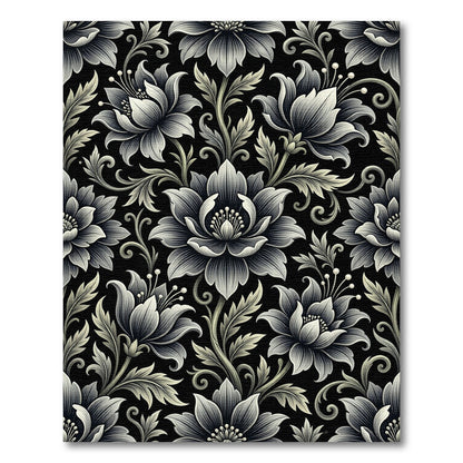 Elaborate Floral Scrollwork Monochrome Rug