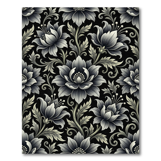 Elaborate Floral Scrollwork Monochrome Rug