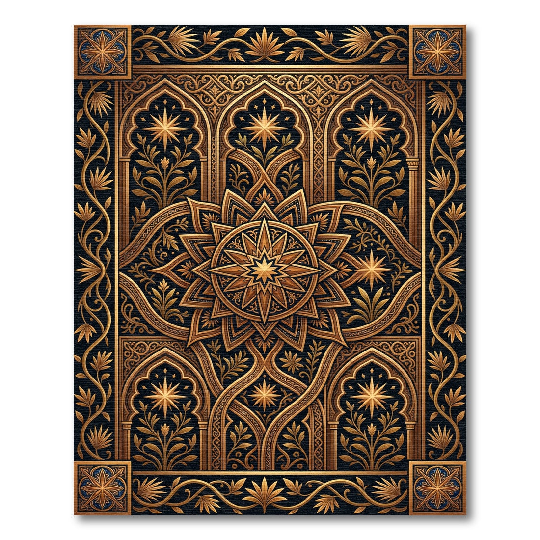Golden Celestial Star Medallion Art Rug