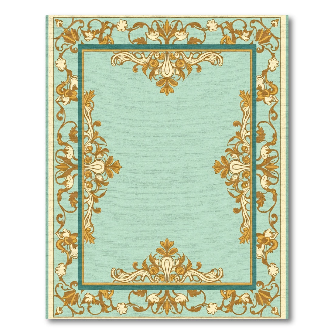 Aqua Golden Scroll Border Medallion Rug