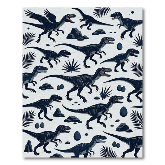 Monochromatic Prehistoric Dinosaur Jungle Scene Rug