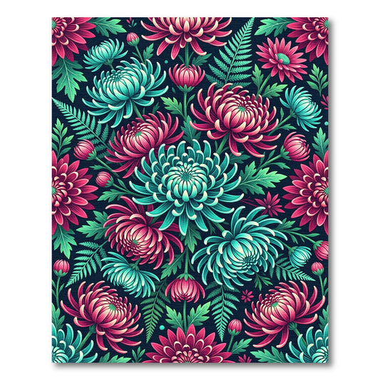 Vibrant Teal and Magenta Chrysanthemum Floral Bouquet Rug