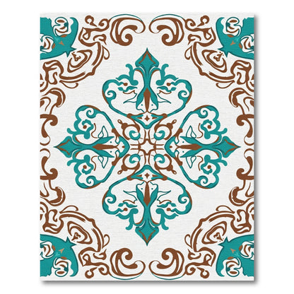 Teal Brown Rococo Scroll Medallion Rug