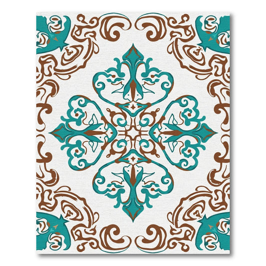 Teal Brown Rococo Scroll Medallion Rug