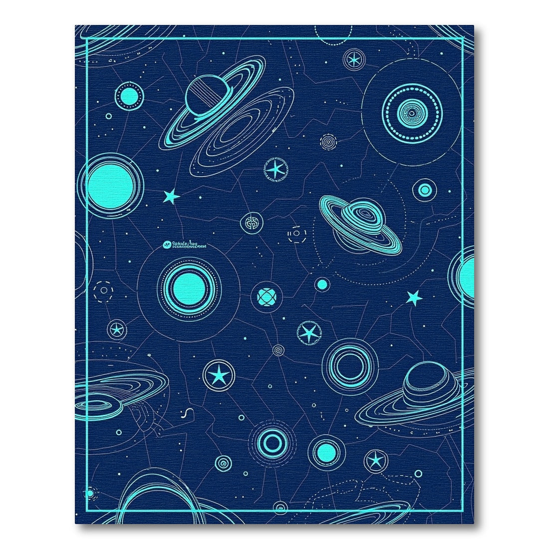 Navy Cyan Planets Rings Stars Rug