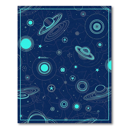 Navy Cyan Planets Rings Stars Rug