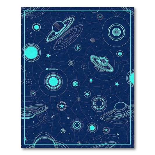 Navy Cyan Planets Rings Stars Rug