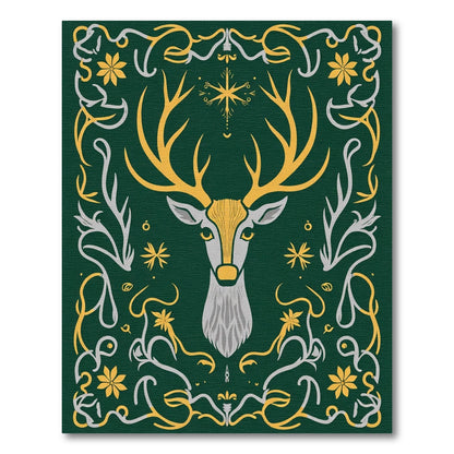 Elegant Green Golden Deer Floral Art Rug