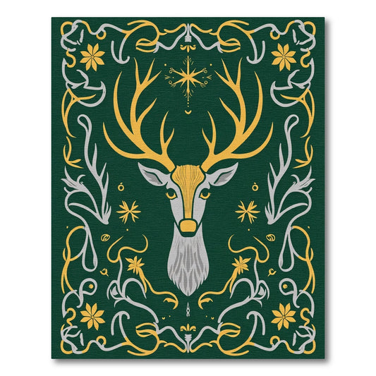 Elegant Green Golden Deer Floral Art Rug