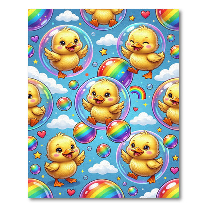 Whimsical Golden Ducklings with Rainbow Bubbles Rug