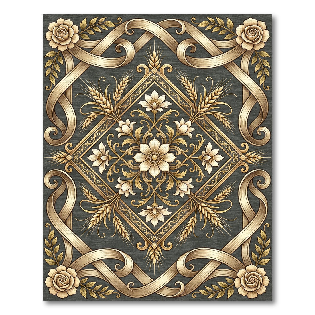 Elaborate Gold Woven Rose Wheat Rug
