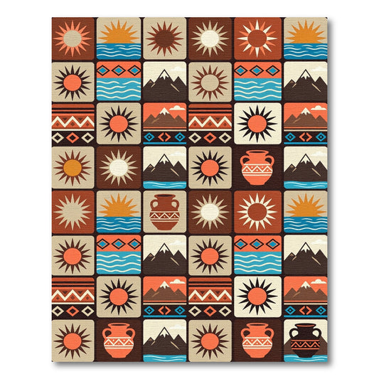 Southwestern Earthy Sun Mountain Geometric Grid Rug