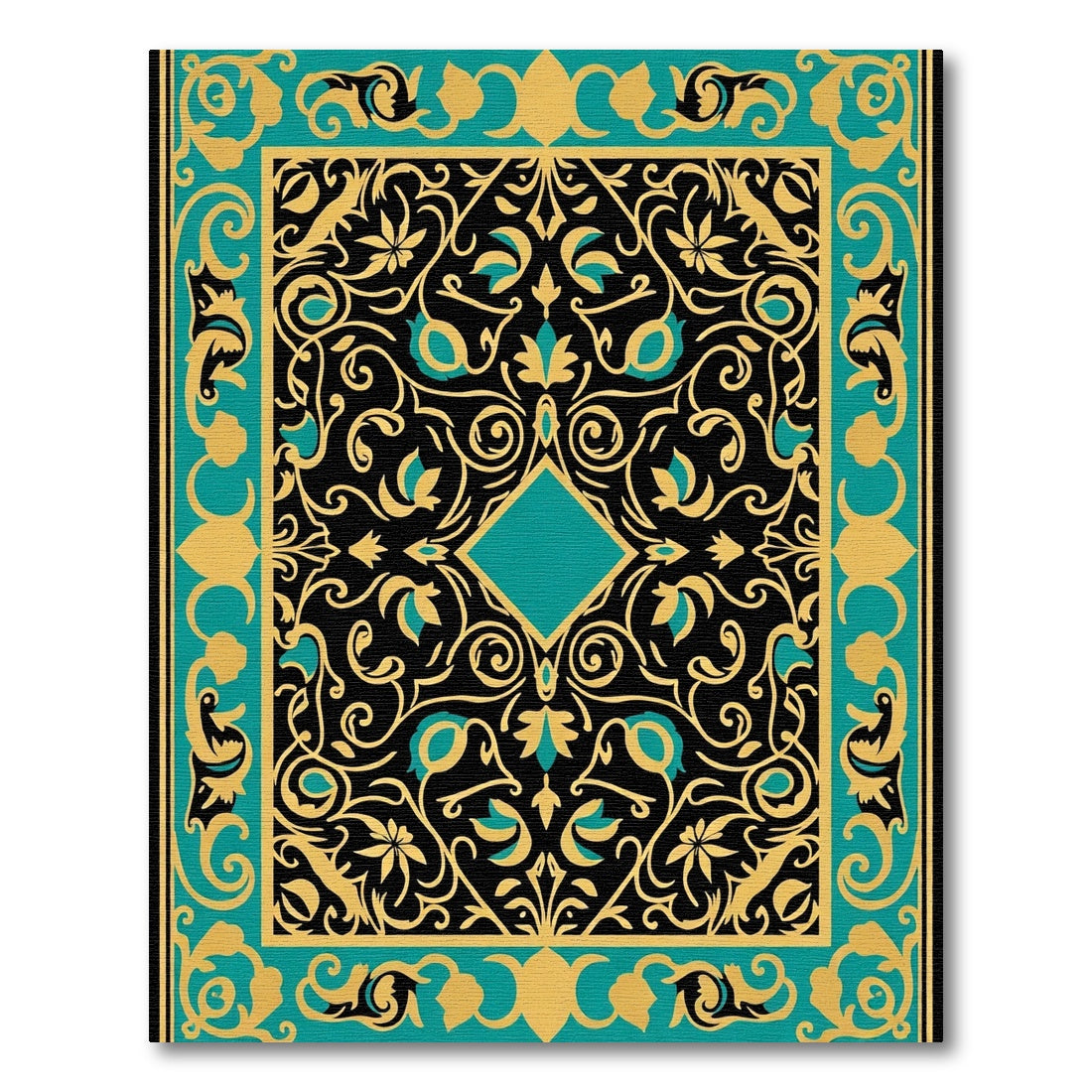 Black Gold Teal Floral Square Rug