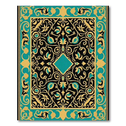 Black Gold Teal Floral Square Rug