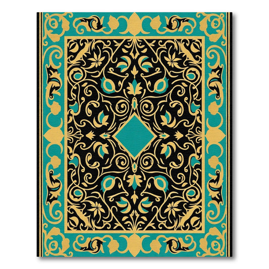 Black Gold Teal Floral Square Rug