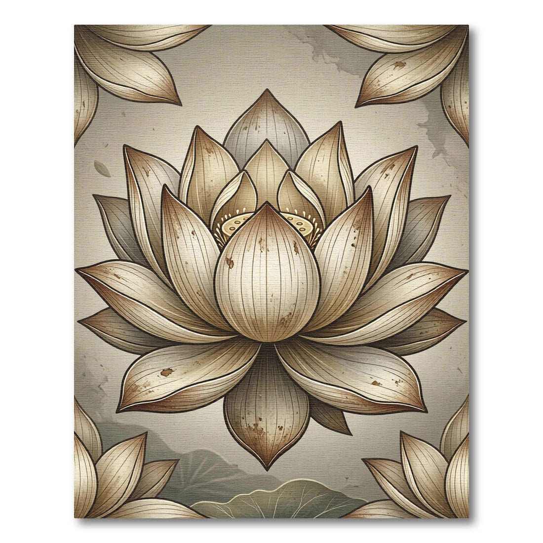 Neutral Sepia Lotus Flower Zen Illustration Rug