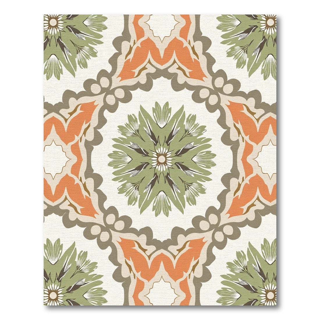 Orange Sage Green Floral Medallion Rug