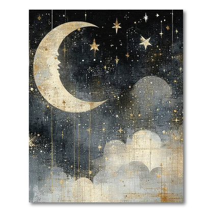 Mystical Golden Moon Stars Clouds Rug
