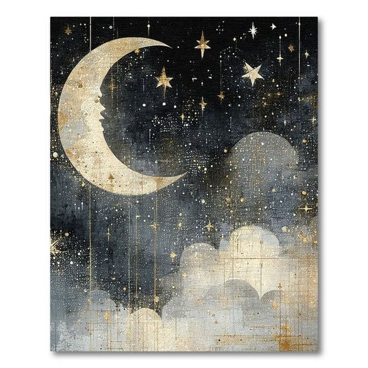 Mystical Golden Moon Stars Clouds Rug