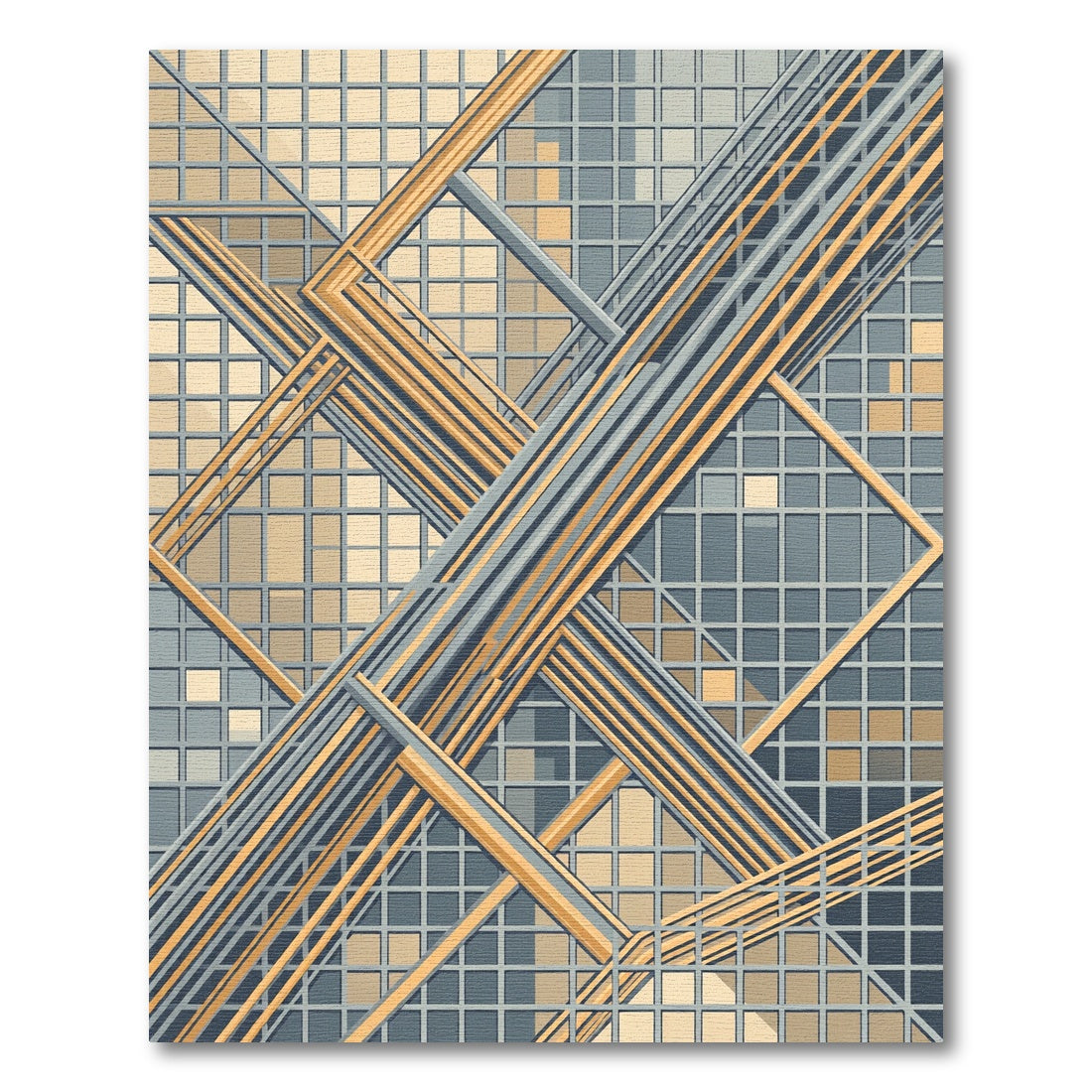 Modern Architectural Geometric Gold Slate Grid Rug