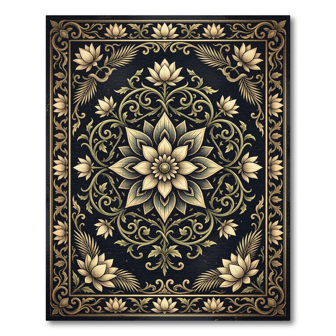Elegant Golden Lotus Medallion Art Rug